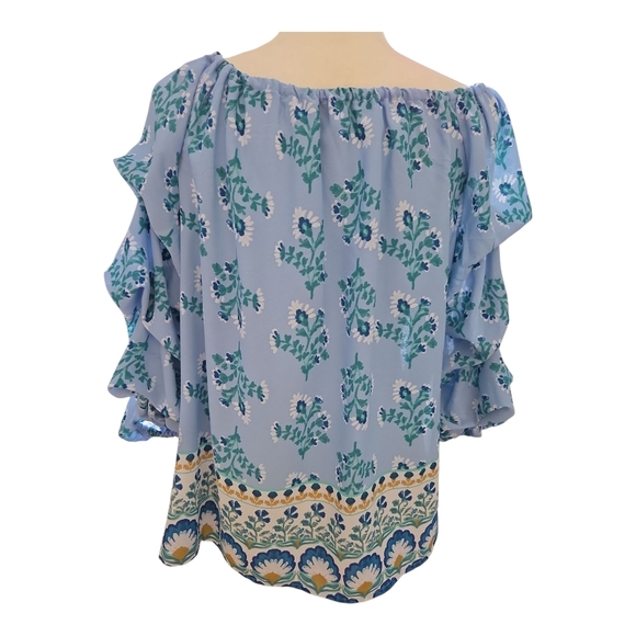 CeCe Blue and Green Patterned Off-Shoulder Blouse - Picture 3 of 6
